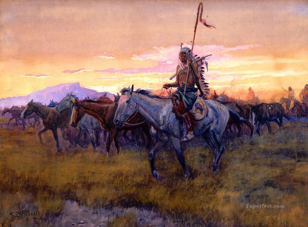 stolen horses no 3 detail 1911 Charles Marion Russell American Indians Oil Paintings